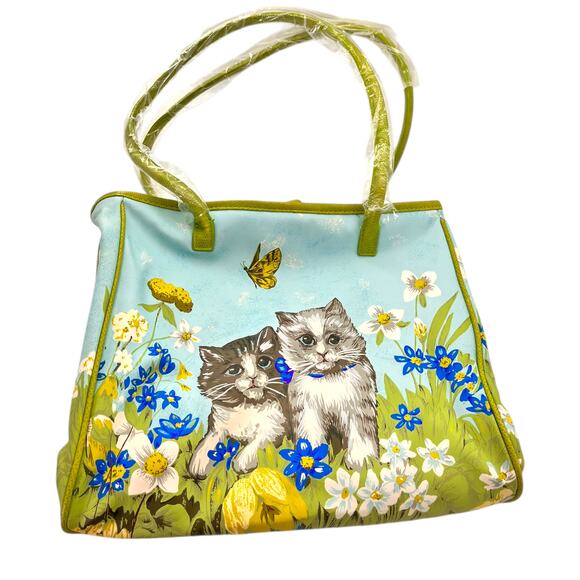 RARE Vintage 70s Womens Handbag Cats Spring Green Floral New Flawed Read Below - Picture 2 of 10
